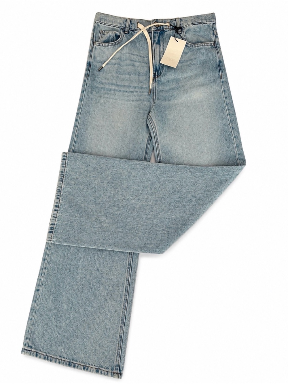 Zara ZW Drawstring Relaxed Leg Full Length Jeans NWT Light Wash Size 2